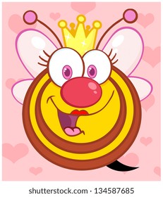 Happy Queen Bee Over Background With Hearts