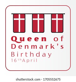 Feliz ilustración vectorial de cumpleaños de la reina de Dinamarca en el fondo rojo.