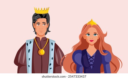 
Feliz reina y rey sonriendo juntos ilustración de dibujos animados de Vector. La pareja real se casó en armonía durante el período de gobierno de la monarquía 
