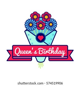 Happy Queens birthday emblem isolated vector illustration on white background. 10 june british holiday event label, greeting card decoration graphic element