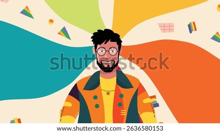 Happy Queer Guy with Pride Outfit and Glasses Celebrating LGBTQ Identity in Color Burst