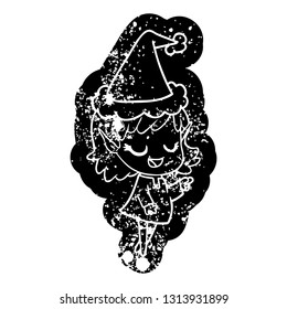 happy quirky cartoon distressed icon of a elf girl pointing wearing santa hat