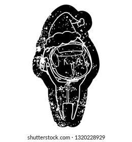 happy quirky cartoon distressed icon of a astronaut wearing santa hat