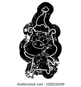 happy quirky cartoon distressed icon of a pig wearing santa hat