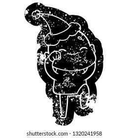 happy quirky cartoon distressed icon of a bald man wearing santa hat
