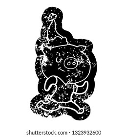 happy quirky cartoon distressed icon of a pig running wearing santa hat