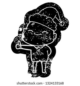 happy quirky cartoon distressed icon of a bald man wearing santa hat