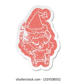 happy quirky cartoon distressed sticker of a elf girl wearing santa hat