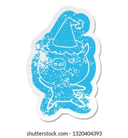 feliz peculiar desenho animado angustiado adesivo de um porco vestindo chapéu de santa