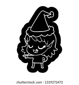 happy quirky cartoon icon of a elf girl pointing wearing santa hat