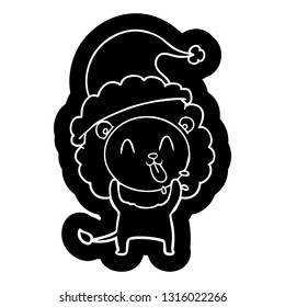 happy quirky cartoon icon of a lion wearing santa hat
