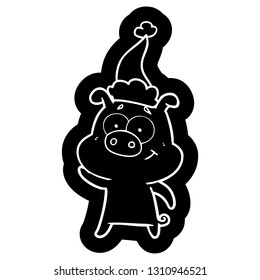happy quirky cartoon icon of a pig wearing santa hat
