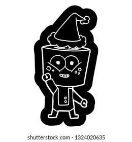 happy quirky cartoon icon of a robot waving hello wearing santa hat
