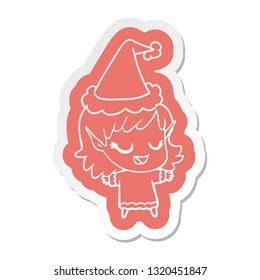 happy quirky cartoon  sticker of a elf girl wearing santa hat