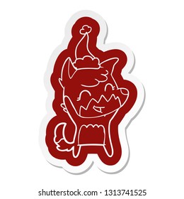 happy quirky cartoon  sticker of a fox wearing santa hat