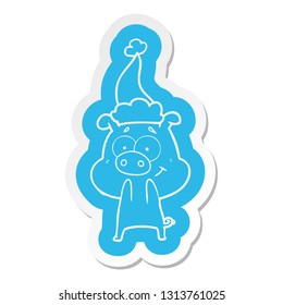 happy quirky cartoon  sticker of a pig wearing santa hat