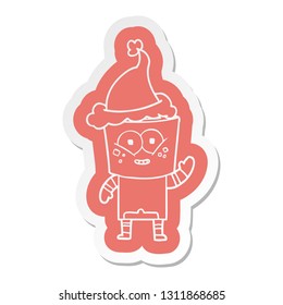 happy quirky cartoon  sticker of a robot waving hello wearing santa hat