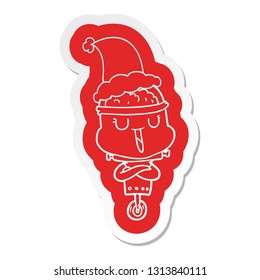happy quirky cartoon  sticker of a robot wearing santa hat
