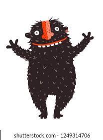 Happy Quirky Smiling Monster Character Cheers. Cartoon design of quirky monster vector graphics.