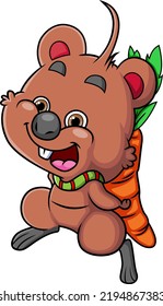 The happy quokka is walking and holding the carrot with the happy expression of illustration