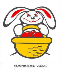 Happy  rabbit  with a basket of easter eggs on a white background. Easter illustration.