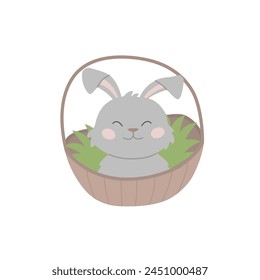 Happy rabbit in a basket with grass.