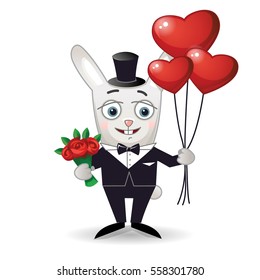 Happy rabbit with bouquet of flowers (red roses) and red balloons. Vector illustration isolated on white.
