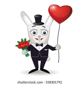 Happy rabbit with bouquet of flowers (red roses) and red balloon. Vector illustration isolated on white.