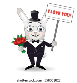 Happy rabbit with bouquet of flowers (red roses) and love`s sign. Vector illustration isolated on white.