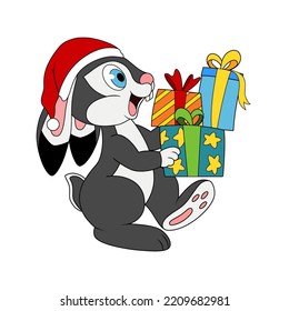 El conejo feliz lleva muchas cajas con regalos. Conejo como símbolo del Año Nuevo Chino 2023. Cuta caricatura Bunny o Hare in Santa hat sujetando cajas con regalos para Navidad. Arte de año nuevo para niños.