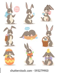 Happy rabbit cartoon character cheerful mammal holiday art hare with basket and cute easter bunny with eggs funny gray animal vector illustration. Cute rabbit characters different pose