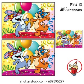 Happy rabbit and cat dancing in masks at the carnival. Find 10 differences. Educational game for children. Cartoon vector illustration