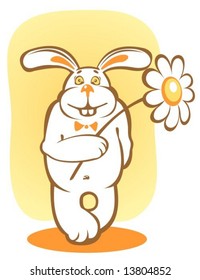 Happy rabbit and chamomile on a yellow background.