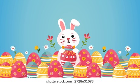 Personaje de conejo feliz rodeado de muchos huevos de Pascua decorados y flores de primavera