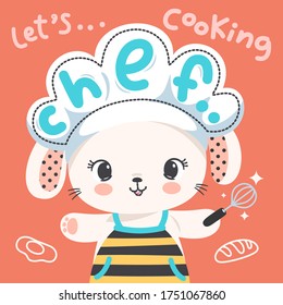 Happy rabbit chef holding egg beater and text Let's cooking isolated on orange background illustration vector.