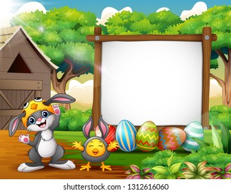 Happy rabbit and chicken with easter background