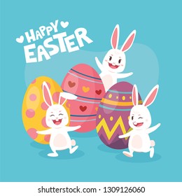 Happy rabbit and colourful easter eggs cartoon vector illustration