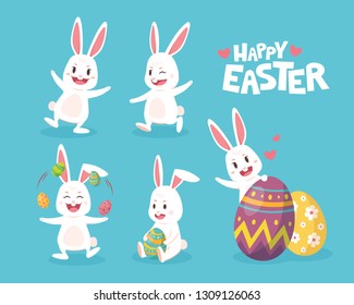 Happy rabbit and colourful easter eggs cartoon vector illustration