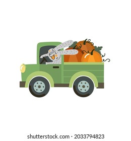 Happy rabbit delivers fresh vegetable from patch. Harvest truck car with big pumpkins. Concept holiday card, poster. Cartoon character, hand drawn vector illustration isolated on white. Flat design