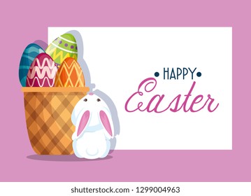 happy rabbit and easter egg decoration inside basket