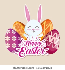happy rabbit and easter eggs with figures decoration