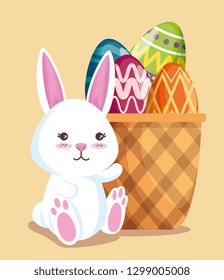 happy rabbit with eggs decoration in the basket