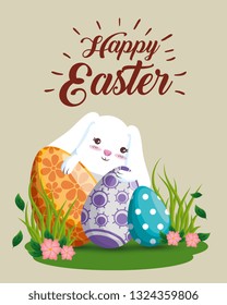 happy rabbit with eggs decoration and flowers