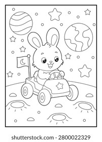 Happy Rabbit Exploring the Moon Coloring Sheet for Children. Fun and Easy Printable Coloring Book Page