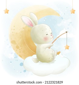 Happy rabbit fishing on the moon watercolor illustrtion