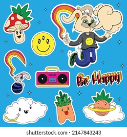 The happy rabbit gets high with his friends. Vector illustration for sticker, t-shirt design, stationery and more