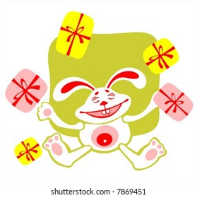 Happy rabbit and gift boxes. Digital illustration.