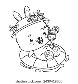 Happy rabbit girl with cocktail swims on rubber circle. Animal outline kawaii character. Vector illustration. Line drawing, coloring book.