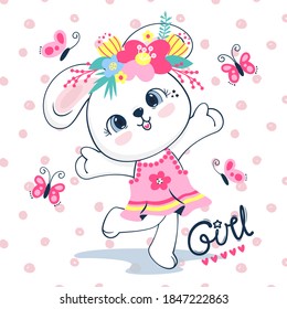 Happy rabbit girl in colorful dress and wreath of flowers standing on polka dot background illustration vector.