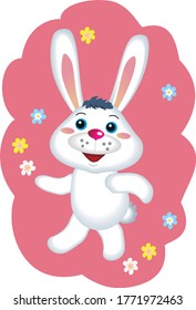 Happy rabbit goes and smiles. Vector image on a pink background with flowers.